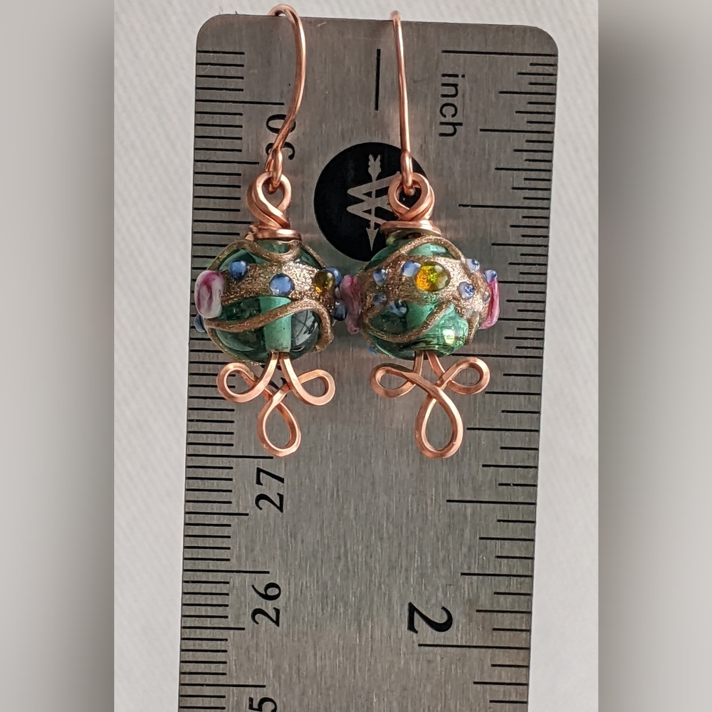 Venetian Emerald Glass Bead Earrings Copper Wire Wrap Colorful Handmade - Picture 3 of 14